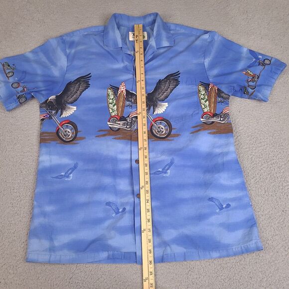 Vintage Ky's Hawaiian Shirt Mens XL Blue Motorcycle Surf Board Eagle USA Made - Picture 10 of 12